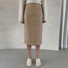 Button-back Faux-leather Midi Skirt