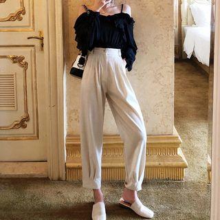 Set: Long-sleeve Ruffled Cold Shoulder Top + Cropped Harem Pants