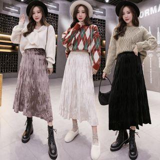 Plain Ruched A-line Velvet Long Skirt