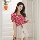 Square-neck Puff-sleeve Patterned Blouse
