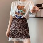 Short-sleeve Printed T-shirt / Leopard Print Mini A-line Skirt