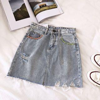 High-waist Distressed Frayed A-line Denim Skirt