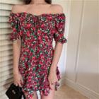 Short-sleeve Off-shoulder Floral Print A-line Mini Dress