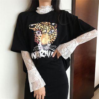 Elbow-sleeve Printed T-shirt / Long-sleeve Lace Top
