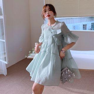 Bow Lantern-sleeve Trim Round-neck Dress