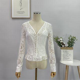 Set: Long-sleeve V-neck Lace Top + Camisole Top