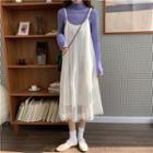 Turtleneck Long-sleeve Top / A-line Midi Lace Pinafore Dress