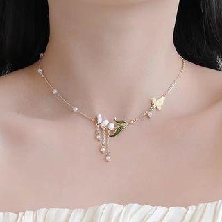 Flower Glaze Pendant Alloy Necklace Faux Pearl - Gold - One Size