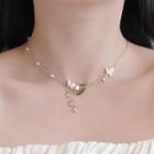 Flower Glaze Pendant Alloy Necklace Faux Pearl - Gold - One Size