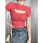 Short-sleeve Cold-shoulder Slim-fit Knit Top Rose Pink - One Size