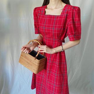 Square-neck Checked Midi Dress
