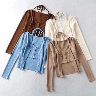 Mock Two-piece Long-sleeve Cropped Knit Top