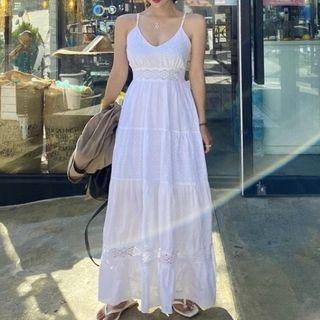 Spaghetti-strap Maxi A-line Dress White - One Size