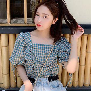 Plaid Square Neck Elbow-sleeve Top
