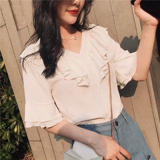 Ruffle V-neck Elbow-sleeve Chiffon Blouse