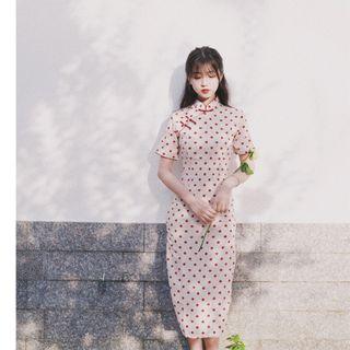 Short-sleeve Dotted Qipao Dress