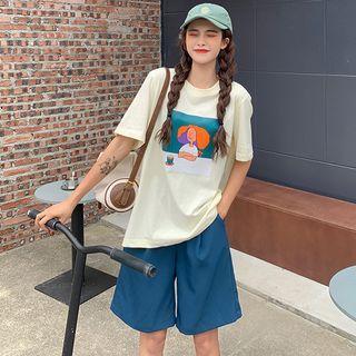 Elbow-sleeve Cartoon Print T-shirt / Wide Leg Dress Shorts
