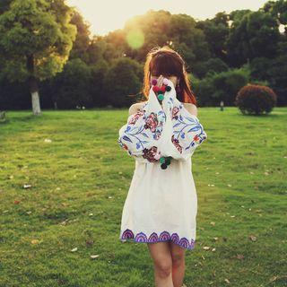 Embroidered Off-shoulder Bell-sleeve Pom Pom Sundress
