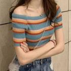 Striped Off-shoulder Short-sleeve T-shirt Stripes - Rainbow - One Size