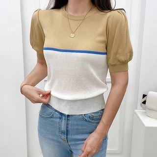 Color Panel Puff-sleeve Knit Top