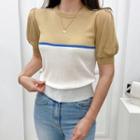 Color Panel Puff-sleeve Knit Top