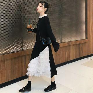 Color-block Ruffle Long-sleeve Dress As Figure - One Size