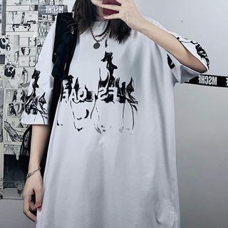 Printed Lettering Elbow-sleeve T-shirt