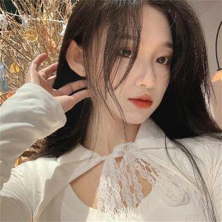 Lace Long-sleeve Slim-fit Top White - One Size