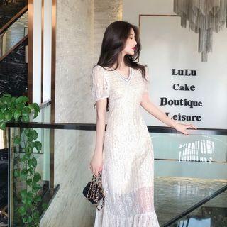 V Neckline Lace Puff-sleeve Dress