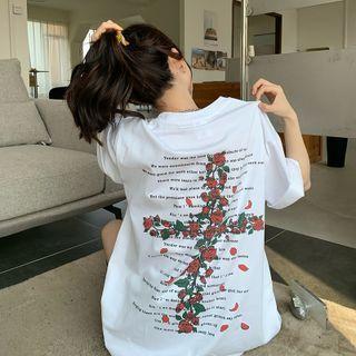 Lettering Rose Print T-shirt Lettering Rose Print - White - One Size