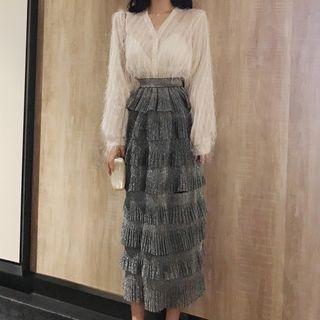 V-neck Fringed Trim Blouse / High Waist Midi Tiered Skirt