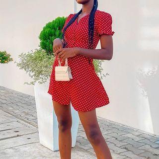 Short Sleeve Ruffled-trim Dotted Mini Dress