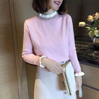 Long-sleeve Mock Neck Rhinestone Knit Top