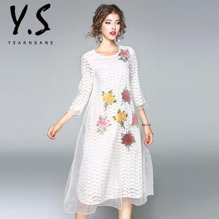 Flower Embroidered Mesh Overlay 3/4 Sleeve Dress