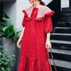 3/4-sleeve Lace Paneled Floral A-line Midi Dress
