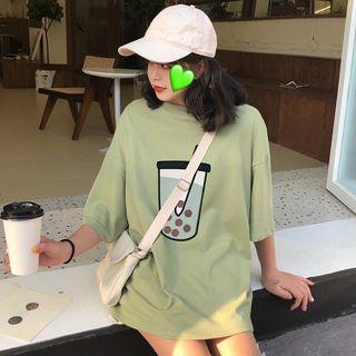 Elbow-sleeve Bubble Tea Print T-shirt Green - One Size