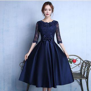 Lace Panel Elbow-sleeve Midi A-line Dress