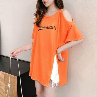Lettering Cold-shoulder Short-sleeve Slit T-shirt