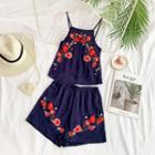 Set: Flower Embroidered Camisole + Wide Leg Shorts