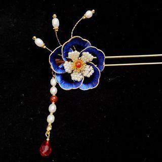 Flower Freshwater Pearl Hair Stick Blue - One Size
