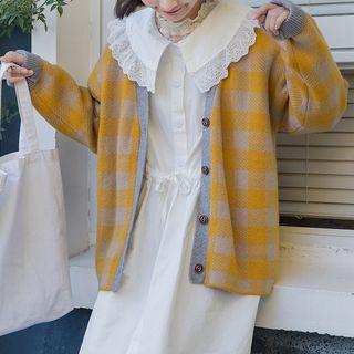 V-neck Plaid Cardigan Gingham - Yellow - One Size