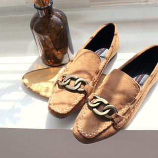 Square-toe Metal-trim Faux-suede Loafers