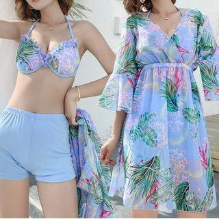 Set: Leaf Print Bikini Top + Swim Shorts + Cover-up Dress