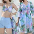 Set: Leaf Print Bikini Top + Swim Shorts + Cover-up Dress