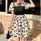 Puff-sleeve Bow Print Mini A-line Dress Black Bows - White - One Size
