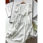 Short-sleeve Floral Print A-line Dress With Detachable Crochet Collar
