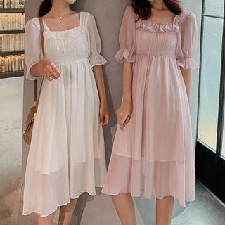 Square-neck Wood Ear Trim Dress