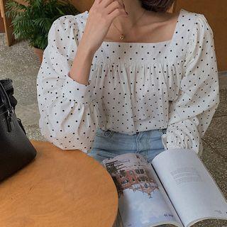 Square-neck Puff-sleeve Dotted Blouse One Size