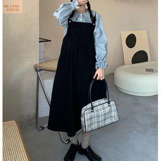 Long-sleeve Blouse / Drawstring-waist Midi A-line Overall Dress