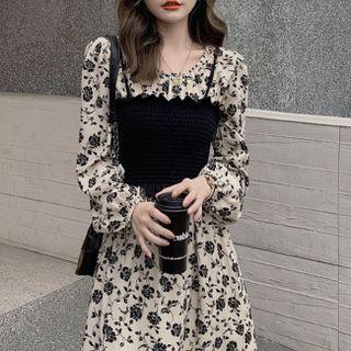 Set: Balloon-sleeve Floral Midi A-line Dress + Camisole Top